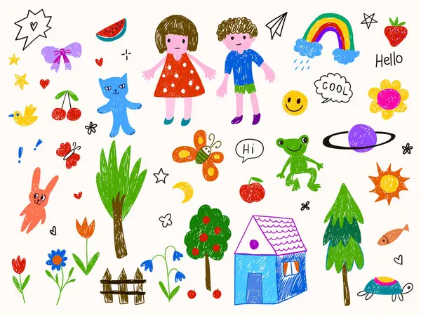 Dokulu pastel boya fırçaları ve canlı renkler sıcaklık ve cazibe ekler. Çocuk resimleri, çocuk dekorasyonu, tebrik kartları, posterler, ambalajlar, kumaş baskıları, duvar kağıtları, yapıştırmalar ve yapıştırma kitabı için mükemmel..