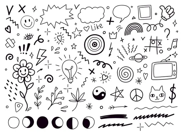 Kömür graffiti punk ve kız şekilleri koleksiyonu. siyah-beyaz çizim seti yıldızlar, kalpler, oklar, konuşma baloncukları gibi çeşitli tasarım elementlerini içerir