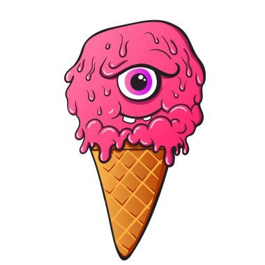 Tek gözlü sevimli canavar suratlı, eriyen pembe dondurma külahının parlak ve eğlenceli bir tasviri. Eğlenceli, karikatür tarzı sanat eserleri çıkartmalar, baskılar, kıyafetler ve dijital tasarımlar için mükemmeldir..