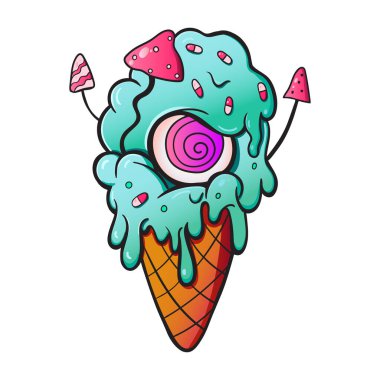 Hipnotik gözlü, mantarlı ve şekerli gerçek üstü bir dondurma külahı. Fantezi, korku ve psikedelik sanatın bir karışımı. Etiketler, posterler, kıyafetler ve dijital tasarımlar için mükemmel..