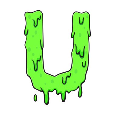 Sümüksü yeşil bir U harfi yapışkan, damlayan çizgi film tarzında. Eğlenceli, ürkütücü ve iğrenç yaratıcı tasarım Cadılar Bayramı, oyunlar, posterler, ürkütücü çocuk projeleri ve balçık temalı içerik için mükemmel..