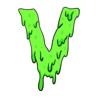 Sümüksü yeşil V harfi yapışkan, damlayan çizgi film tarzında. Eğlenceli, ürkütücü ve iğrenç yaratıcı tasarım Cadılar Bayramı için mükemmel, oyunlar, posterler, ürkütücü çocuk projeleri, ve sümüksü içerik.