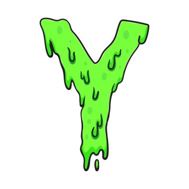 Sümüksü yeşil Y harfi yapışkan, damlayan çizgi film tarzında. Eğlenceli, ürkütücü ve iğrenç yaratıcı tasarım Cadılar Bayramı, oyunlar, posterler, ürkütücü çocuk projeleri ve balçık temalı içerik için mükemmel..