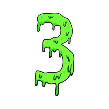 Elle çizilmiş sümük numarası 3. Damlayan yeşil yapışkan bir rakam, Cadılar Bayramı temalı yaratıcı projeler için ideal..