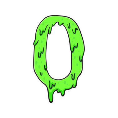 Elle çizilmiş yeşil sümük numarası 0. Ürkütücü bir çizgi film tarzında yapış yapış ve sıfır damlıyor. Cadılar Bayramı tasarımları ve çocuk sanatı için harika..