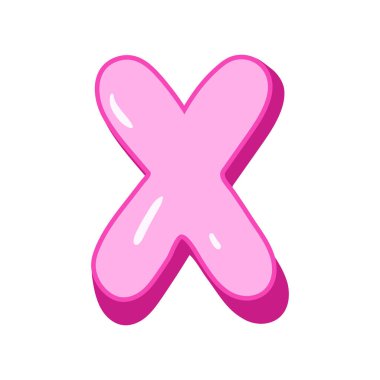 Kabarcık şeklinde parlak pembe X harfi. Sevimli ve üç boyutlu alfabe dizaynı. Beyaz arkaplanda izole