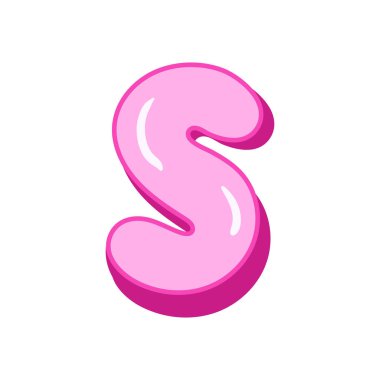 Kabarcık şeklinde parlak pembe S harfi. Sevimli ve üç boyutlu alfabe dizaynı. Beyaz arkaplanda izole