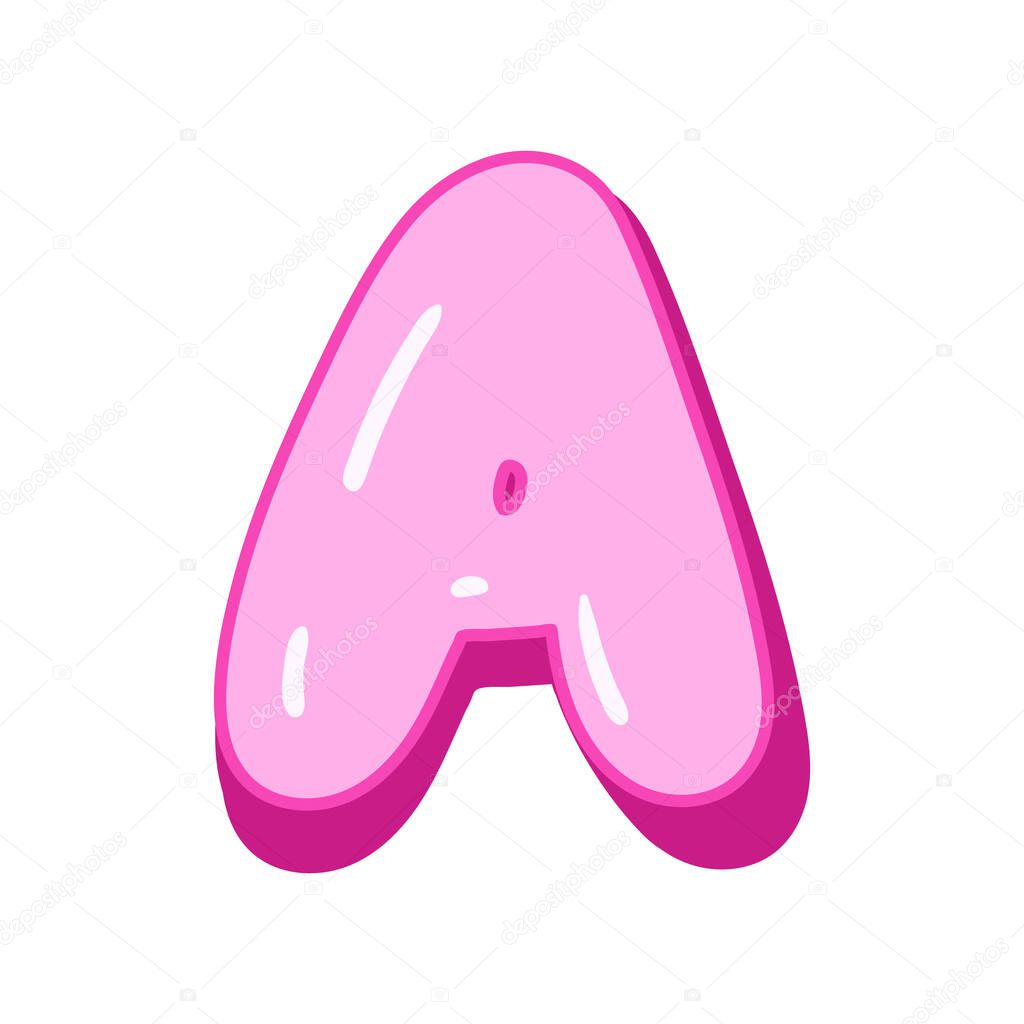 Glossy pink letter A in cartoon bubble style. Cute and playful 3D alphabet design . Isolated on white background