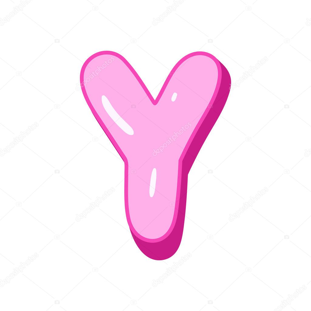 Glossy pink letter Y in cartoon bubble style. Cute and playful 3D alphabet design . Isolated on white background