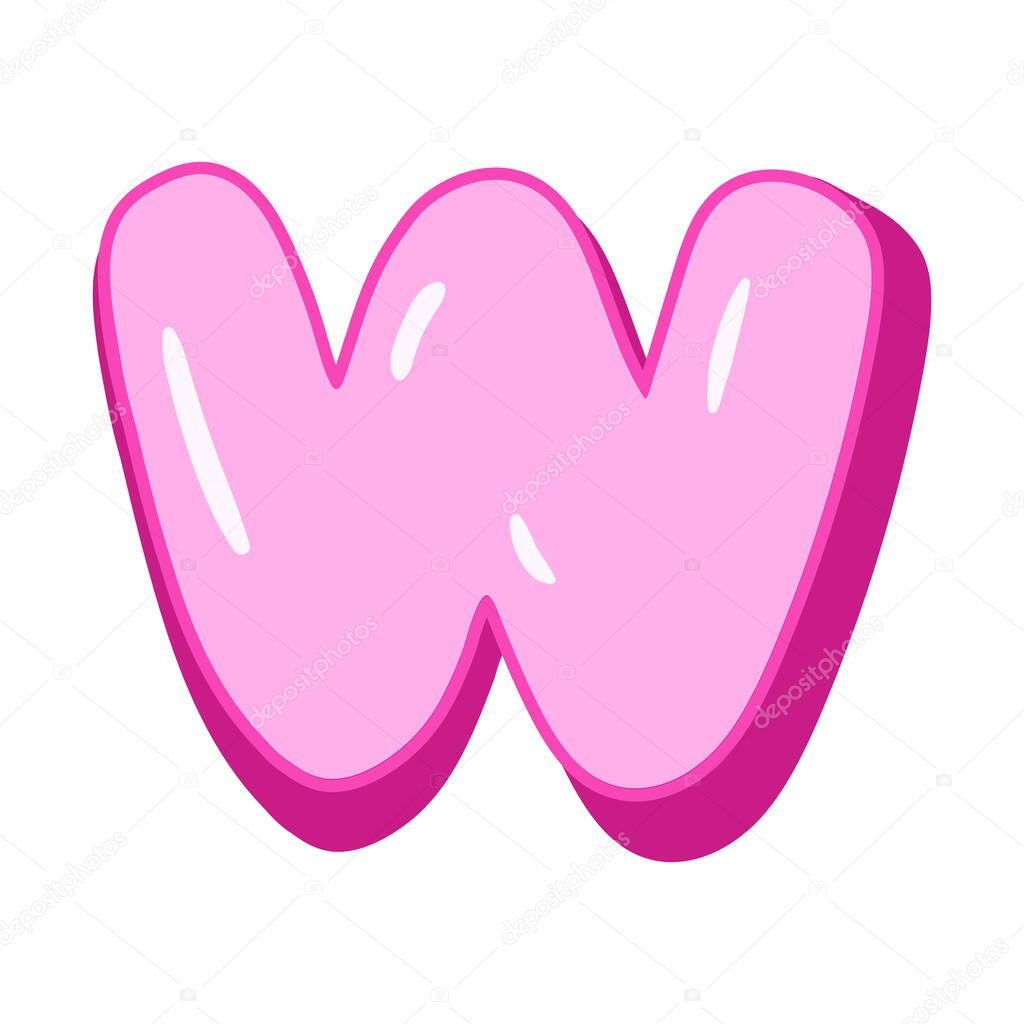 Glossy pink letter W in cartoon bubble style. Cute and playful 3D alphabet design . Isolated on white background