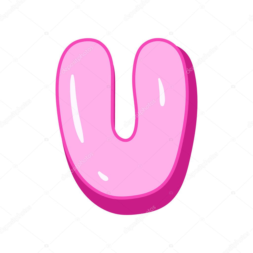 Glossy pink letter U in cartoon bubble style. Cute and playful 3D alphabet design . Isolated on white background