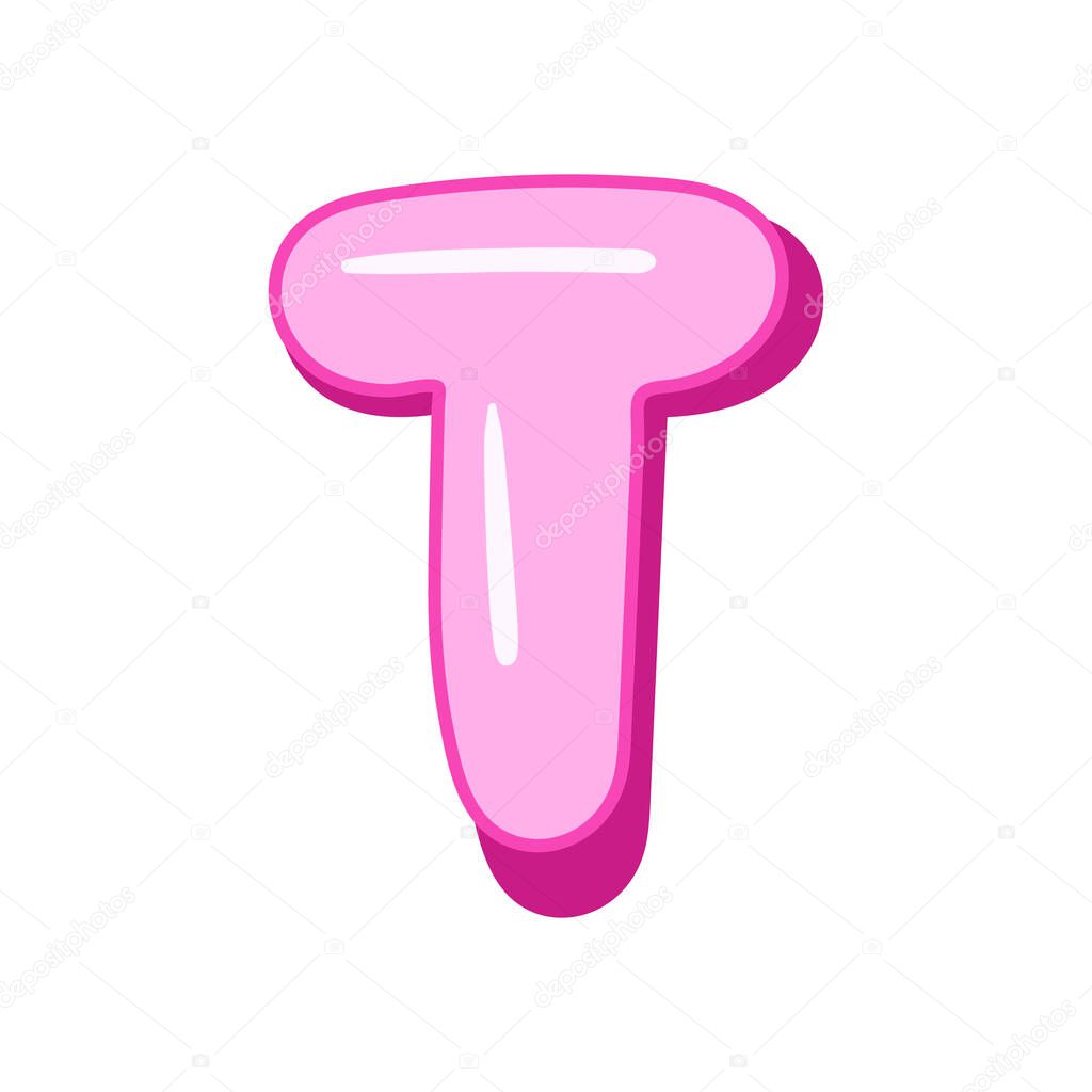 Glossy pink letter T in cartoon bubble style. Cute and playful 3D alphabet design . Isolated on white background