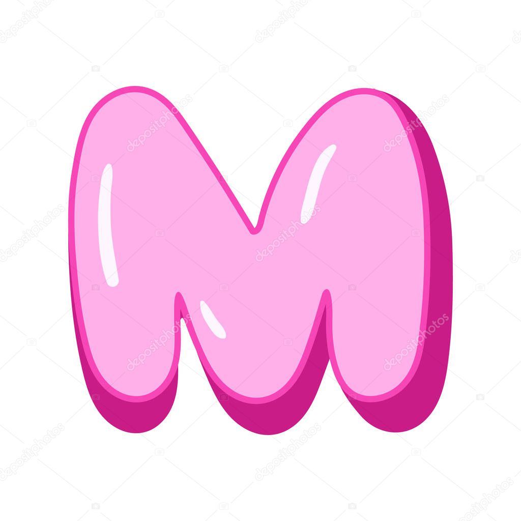 Glossy pink letter M in cartoon bubble style. Cute and playful 3D alphabet design . Isolated on white background