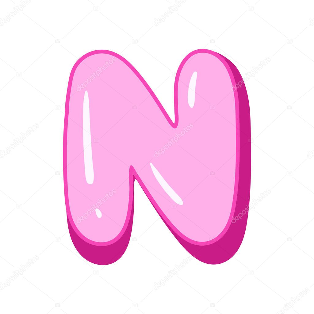 Glossy pink letter N in cartoon bubble style. Cute and playful 3D alphabet design . Isolated on white background