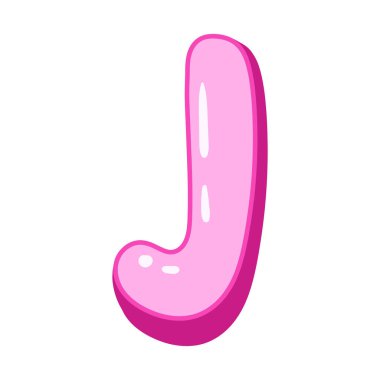 Karikatür şeklinde parlak pembe bir J harfi. Sevimli ve üç boyutlu alfabe dizaynı. Beyaz arkaplanda izole