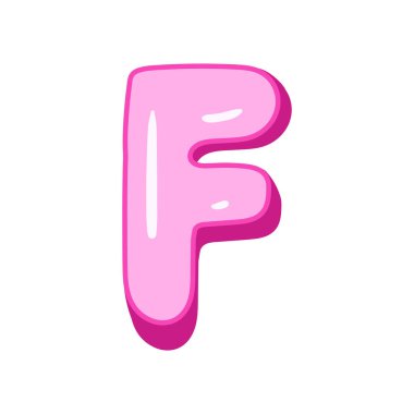 Kabarcık şeklinde parlak pembe F harfi. Sevimli ve üç boyutlu alfabe dizaynı. Beyaz arkaplanda izole