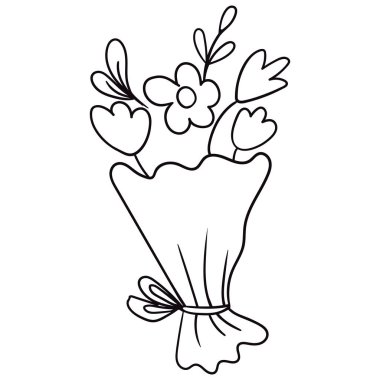 Elle çizilmiş çiçek buketi siyah beyaz karalanıyor. Basit çiçek şekilli ve kurdeleli şirin çizgiler. Tebrik kartları, boyama sayfaları, posterler ve tasarımlar için mükemmel..