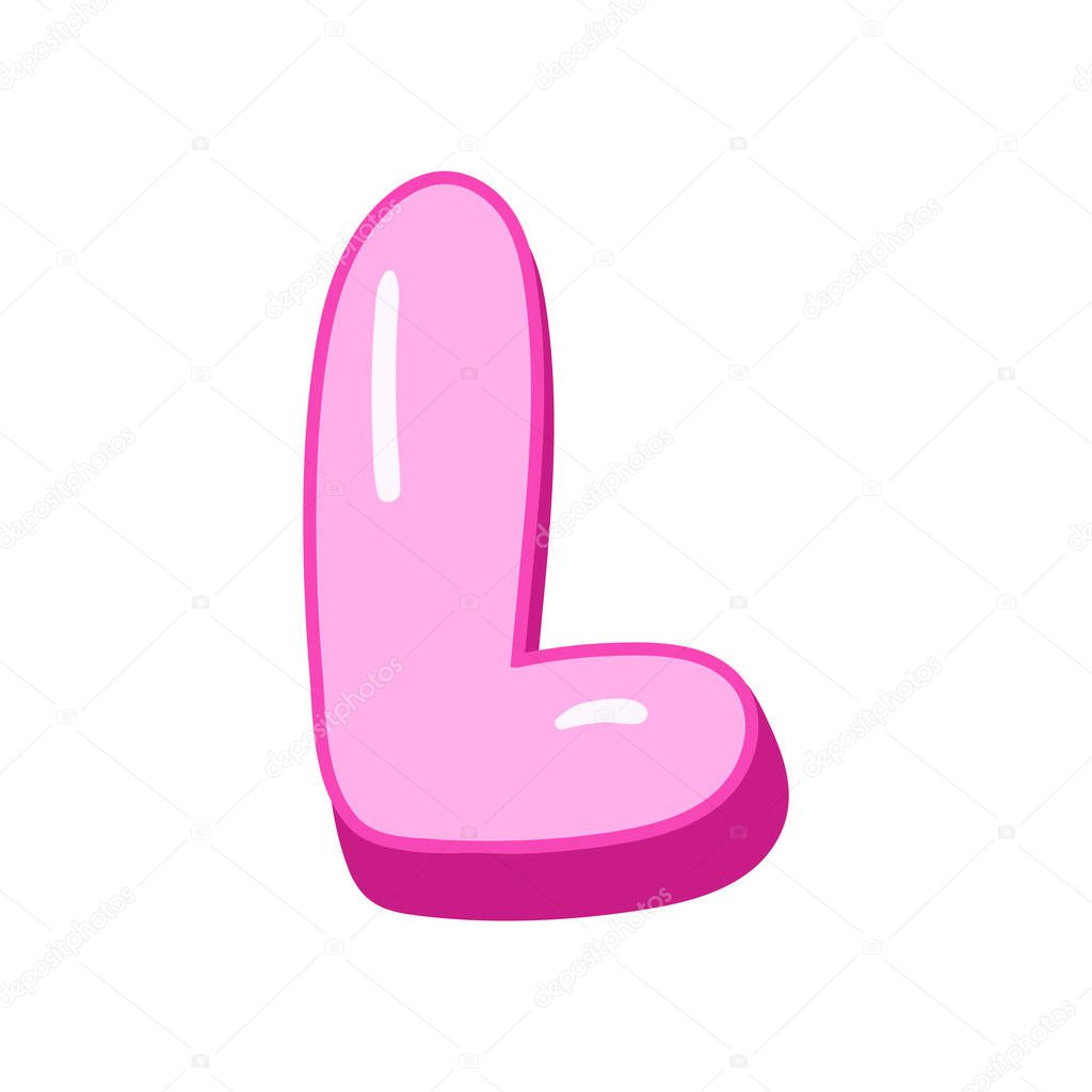 Glossy pink letter L in cartoon bubble style. Cute and playful 3D alphabet design . Isolated on white background
