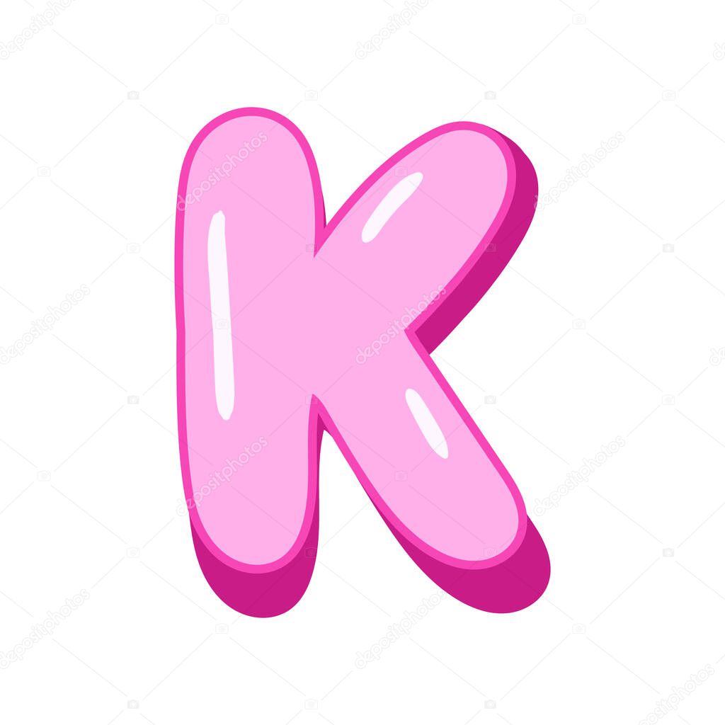 Glossy pink letter K in cartoon bubble style. Cute and playful 3D alphabet design . Isolated on white background