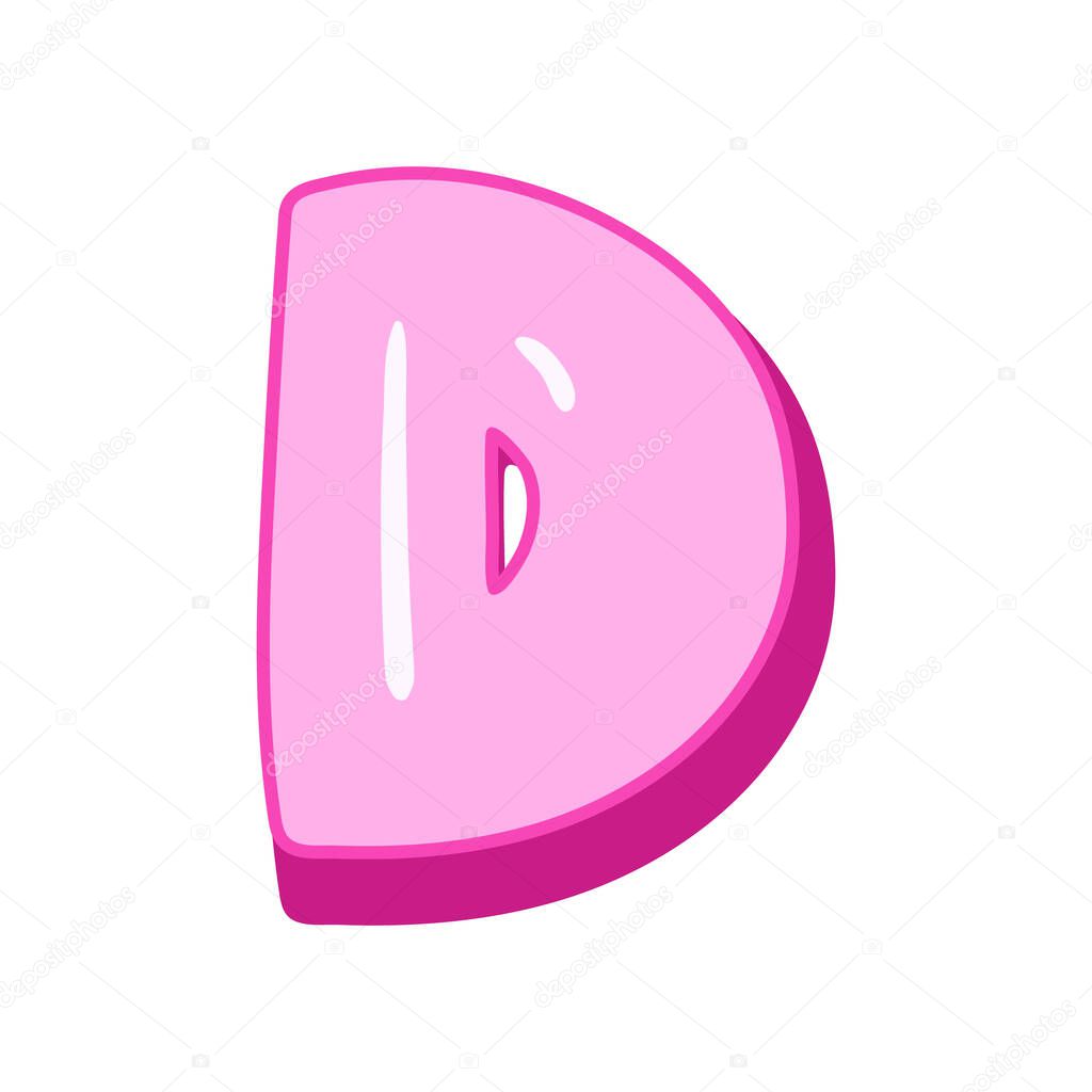 Glossy pink letter D in cartoon bubble style. Cute and playful 3D alphabet design . Isolated on white background