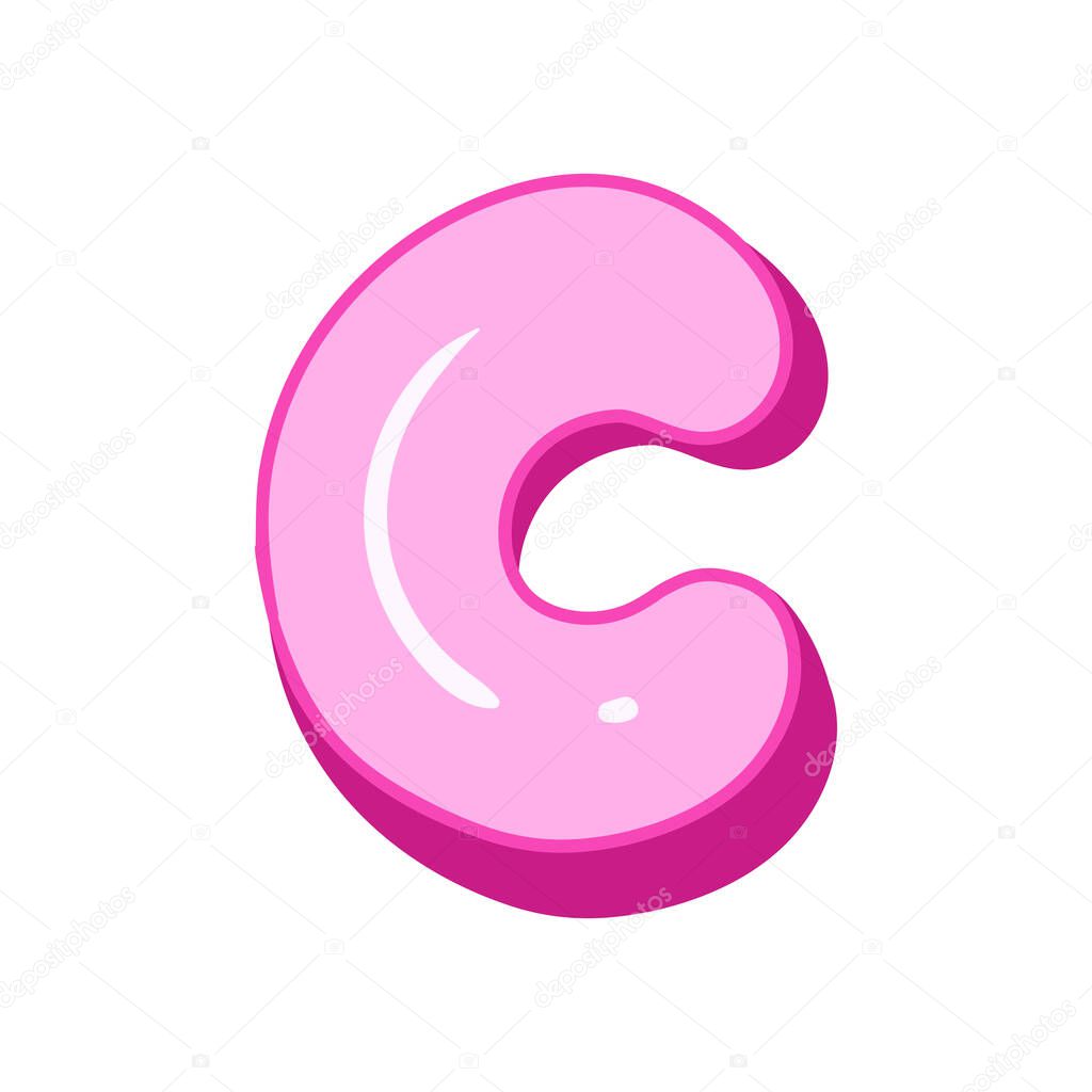 Glossy pink letter C in cartoon bubble style. Cute and playful 3D alphabet design . Isolated on white background