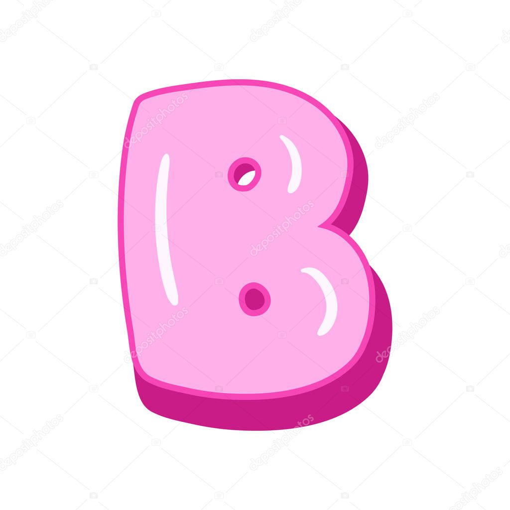 Glossy pink letter B in cartoon bubble style. Cute and playful 3D alphabet design . Isolated on white background