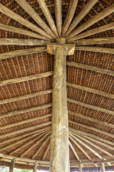 下から見えるピラサヴァ屋根の構造は 木構造とわらの編組を示しています — ストック写真