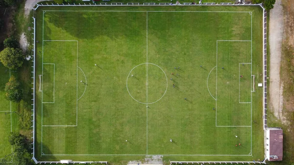 Terrain Football Avec Image Faite Par Drone Montrant Pelouse Vue — Photo