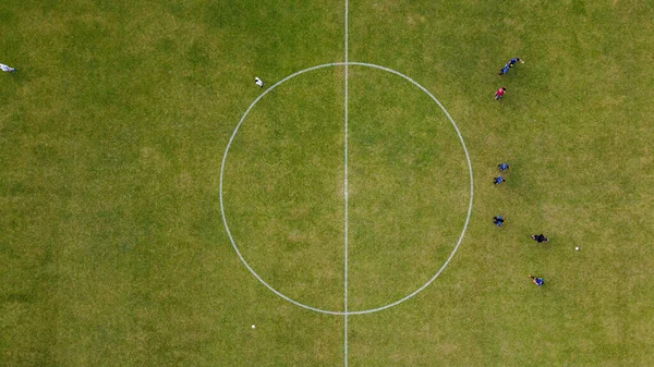 Campo Futebol Com Imagem Feita Por Drone Mostrando Gramado Visto — Fotografia de Stock