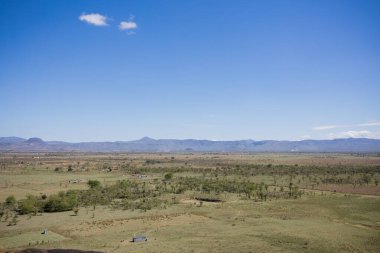 Çimen tarlası ve mavi gökyüzü olan güzel bir manzara.