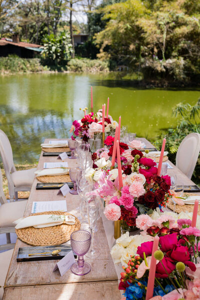 table with flowers and food for wedding