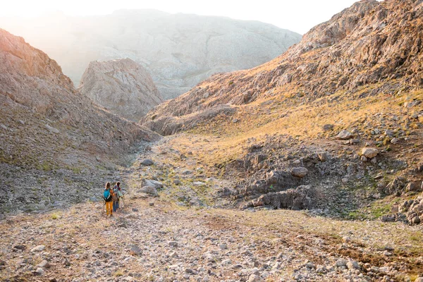 Drei Touristen Mit Rucksäcken Den Bergen Touristen Reisen Durch Die — Stockfoto