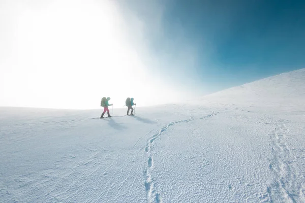 Dvě Dívky Batohem Sněžnicemi Chodí Sněhu Během Sněhové Bouře Horolezectví — Stock fotografie