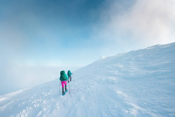 Climbers Climb Mountain Two Girls Snowshoes Walk Snow Hiking Mountains — Fotografia de Stock