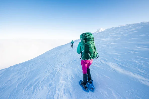 2人の登山家が山に登る 2人の女の子雪を登る覆われた山 冬の登山 — ストック写真