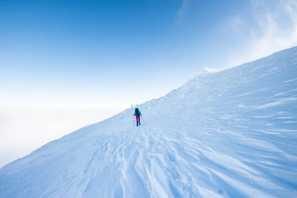 Climbing Snow Covered Mountain Two Women Winter Trekking Climbers Climb — 스톡 사진