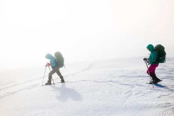 Dua Wisatawan Pegunungan Musim Dingin Dengan Sepatu Salju Petualangan Pegunungan — Stok Foto