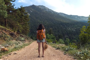 Sırt çantalı kız yolculuğun tadını çıkarıyor. Gezgin, dağların arka planına karşı ormanda yolda duruyor. macera ve yürüyüş.