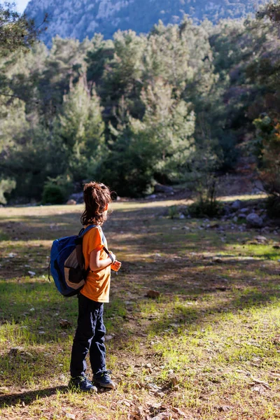 Portrait Child Backpack City Boy Backpack Travels Adventure Hiking — Stock Photo, Image