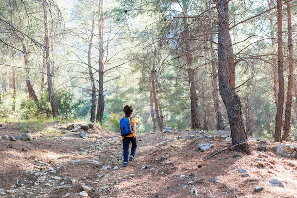 Podróżujące Dziecko Turysta Plecakiem Jedzie Górską Drogą Turystyka Aktywny Zdrowy — Zdjęcie stockowe