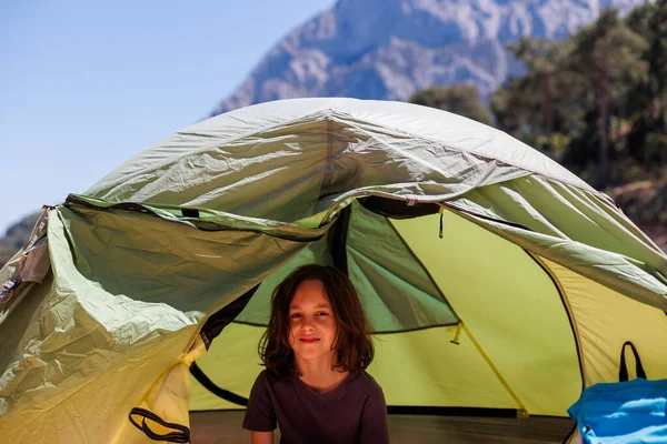 Family Vacation Travel Joyful Boy Sits Tent Travel Children Hiking — Stock Photo, Image
