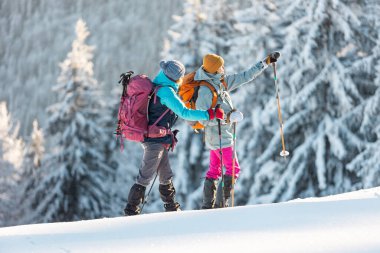 Two women with backpacks walk in snowshoes in the snow, winter trekking, two people in the mountains in winter, hiking equipment. winter holiday