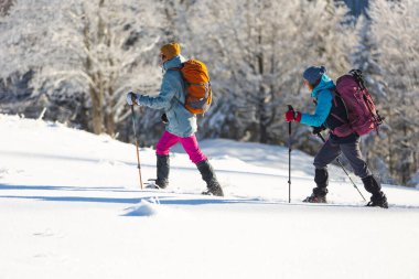 Two women with backpacks walk in snowshoes in the snow, winter trekking, two people in the mountains in winter, hiking equipment. winter holiday