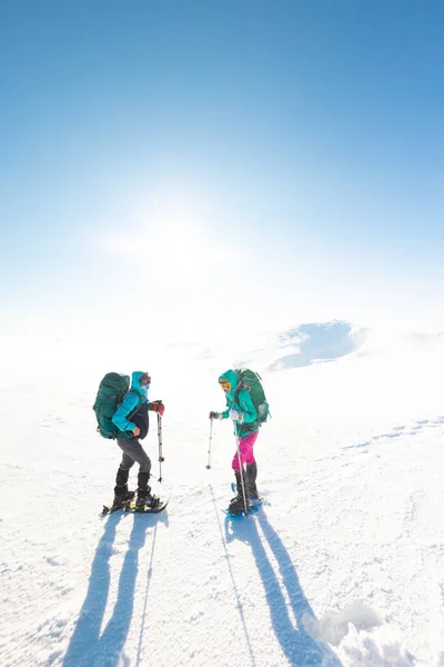 Zwei Mädchen Unterhalten Sich Beim Wandern Den Winterbergen Zwei Junge — Stockfoto