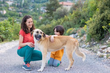 Bir çocuk ve annesi büyük bir köpekle yürüyorlar, bir kadın bir evcil hayvanı okşuyor, bir çocuk ve annesi bir köpekle oynuyorlar.