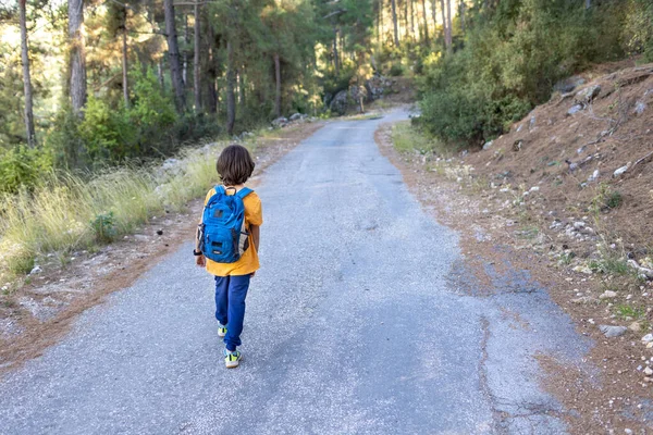 Uma Criança Com Uma Mochila Vai Longo Uma Estrada Montanha — Fotografia de Stock