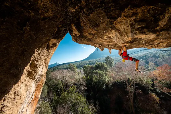 Chica Escalador Escalada Una Roca Contra Telón Fondo Bosque Montañas —  Fotos de Stock