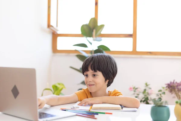 Boy Uses Laptop Distance Lesson Child Communicates Online — Foto de Stock