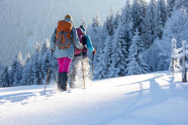 Karda kar ayakkabılarıyla yürüyen iki kadın, kış yürüyüşü yapan iki kişi, kışın dağlarda yürüyüş yapan iki kişi.