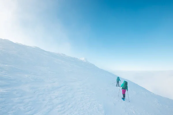 climbers climb the mountain. two girls in snowshoes walk in the snow. hiking in the mountains in winter.